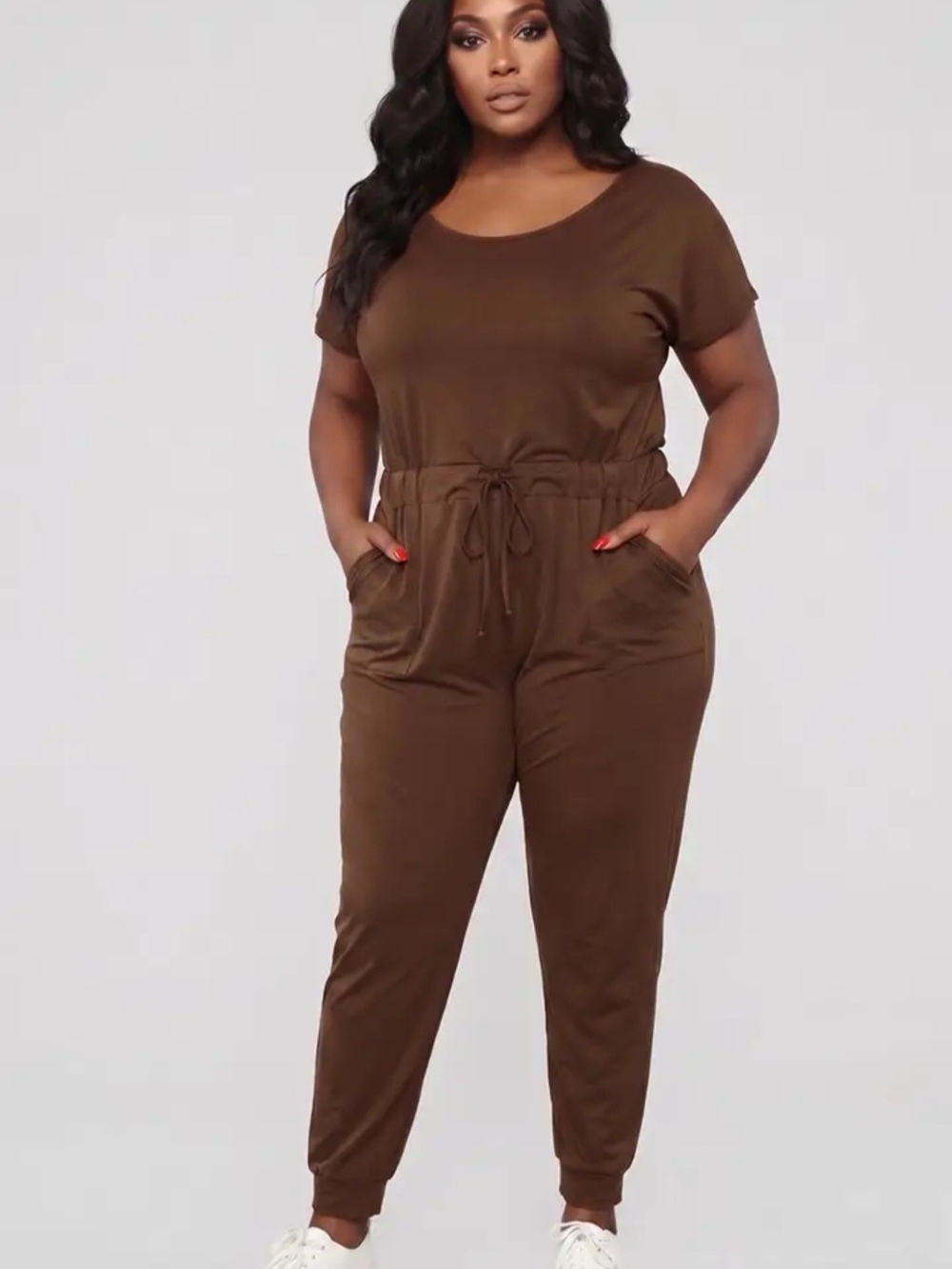 Brown Drawstring Plus-Size Jumpsuit